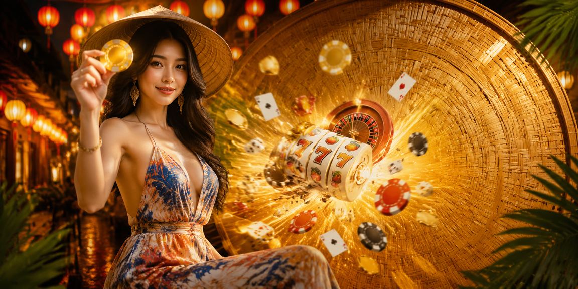 Người dùng mở ứng dụng casino trực tuyến với nón lá truyền thống tại Huế